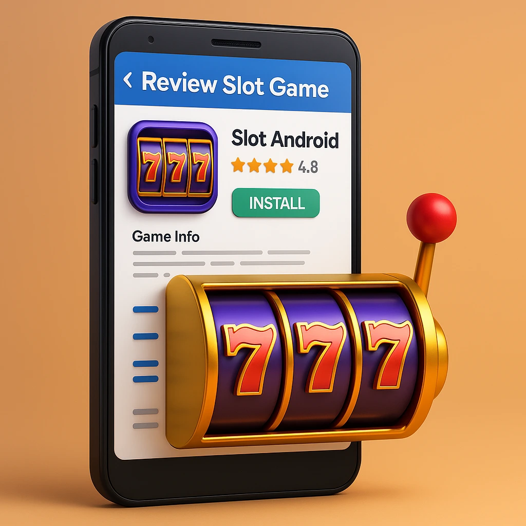 Ilustrasi 3D smartphone menampilkan game slot Android terbaru dengan efek visual modern dan antarmuka interaktif