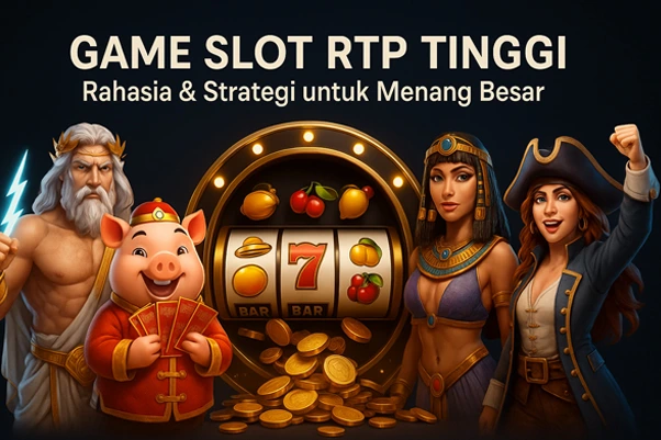 Ilustrasi 3D mewah menampilkan mesin slot dengan simbol buah dan angka tujuh, dikelilingi karakter Zeus, babi berbusana Tiongkok, Cleopatra, dan bajak laut wanita, melambangkan tema game slot RTP tinggi.